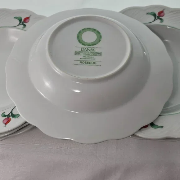 Dansk Rosebud Soup Bowls 9" scallop textured large rim floral romantic set/6